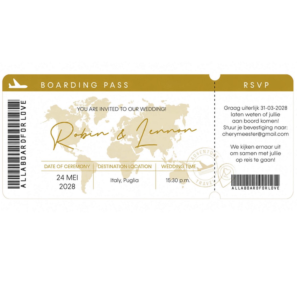 FOLIE VORM Trouwkaart - Boarding Pass Goud