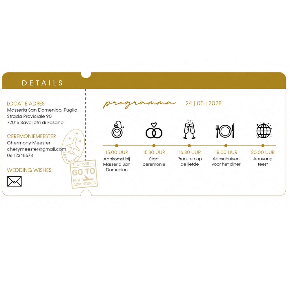 FOLIE VORM Trouwkaart - Boarding Pass Goud Ticket