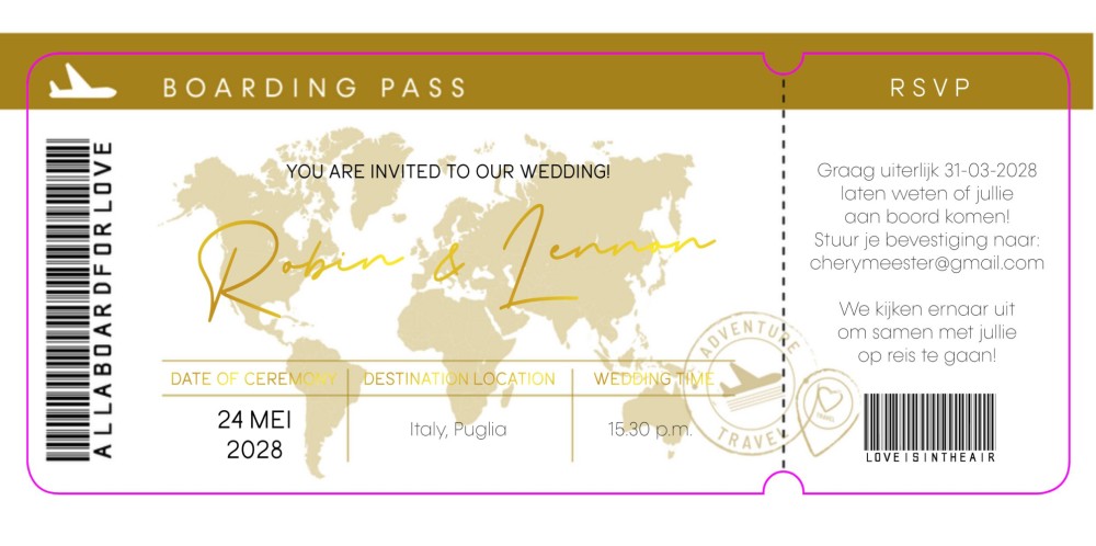 FOLIE VORM Trouwkaart - Boarding Pass Goud