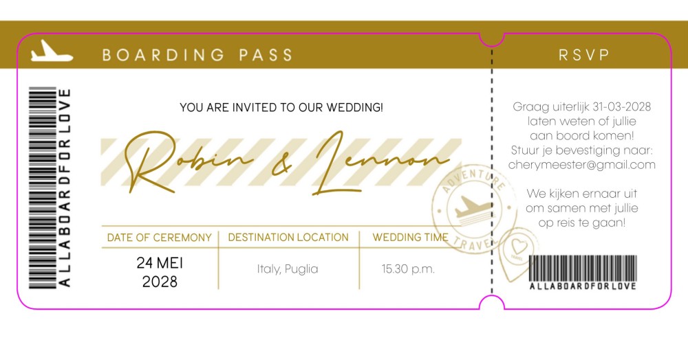 FOLIE VORM Trouwkaart - Boarding Pass Goud Ticket